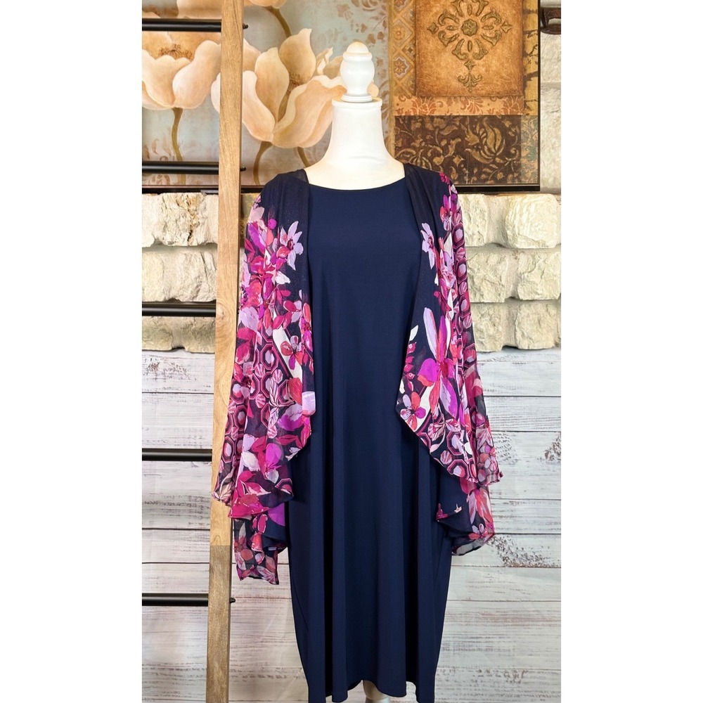 Tiana B Womens Navy Blue Floral Chiffon Overlay Sheath Dress Size 20W